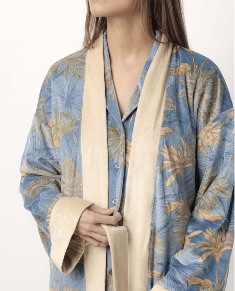 ADMAS LUXURY Bata Manga Larga Terciopelo Jungle Fever para Mujer AZUL 2