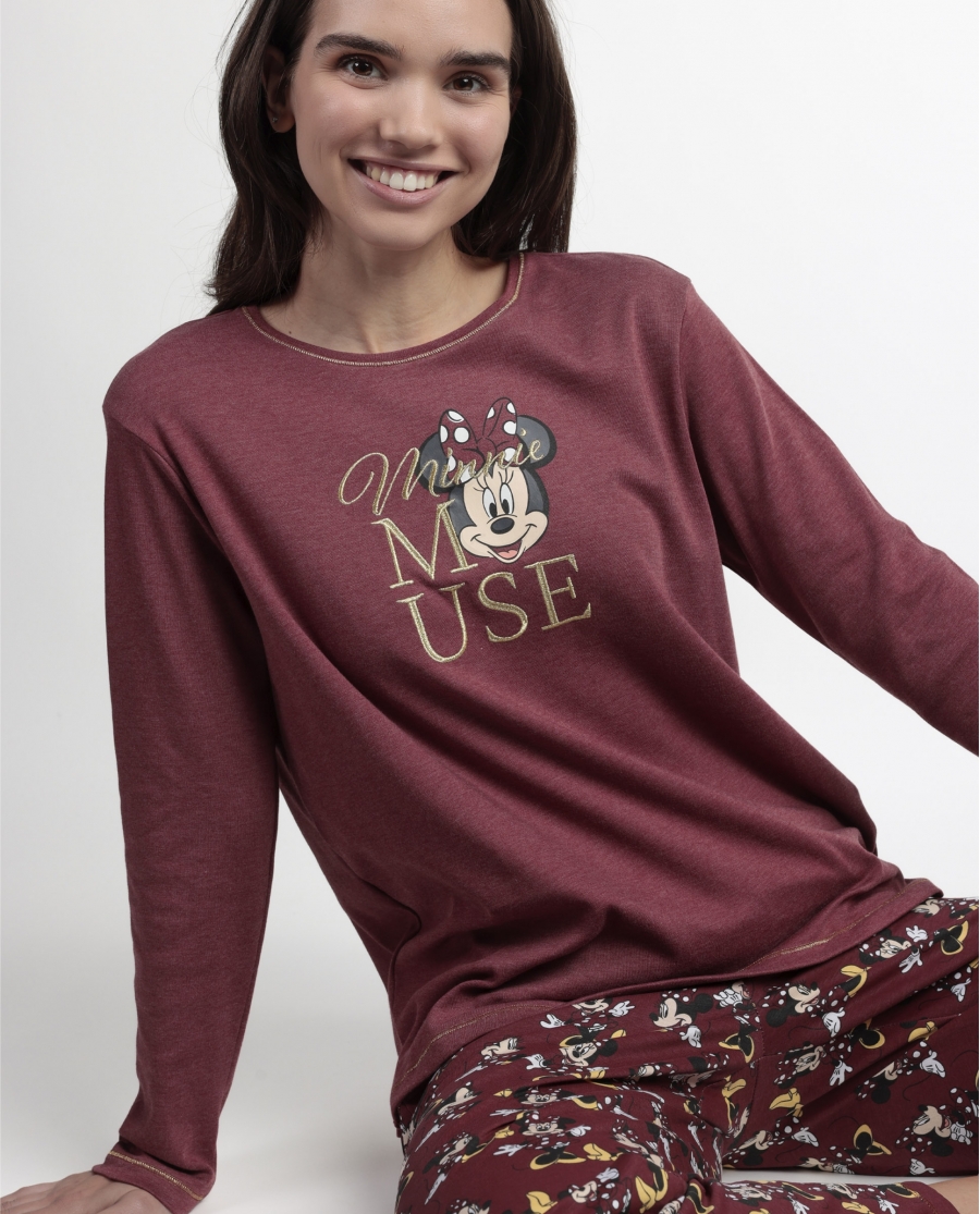 DISNEY Pijama Manga Larga Minnie Mouse para Mujer BURDEOS