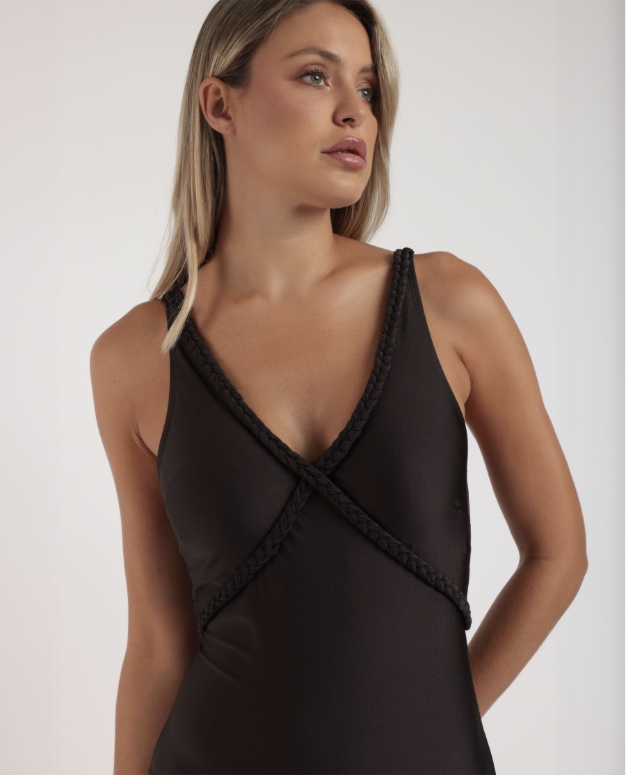 ADMAS Bañador Copa Triángulo Shiny Braid Trenza para Mujer CHOCOLATE