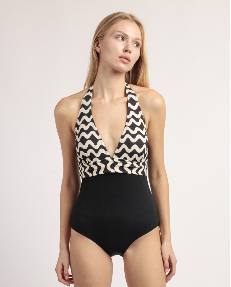 ADMAS Bañador Halter Waves White and Black para Mujer NEGRO