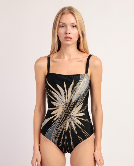 ADMAS Bañador Bandeau Gold Flowers para Mujer NEGRO