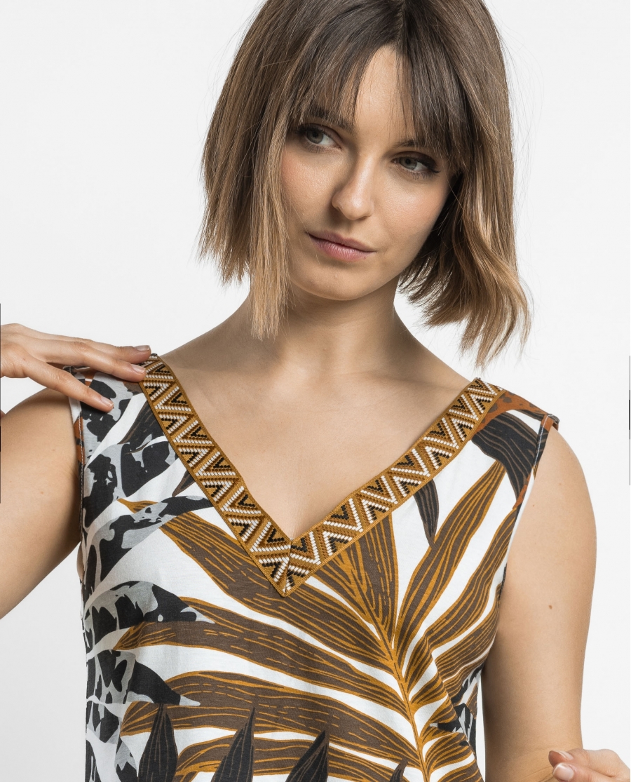 ADMAS Vestido Sin Mangas Ethnic Leaves para Mujer MARRON