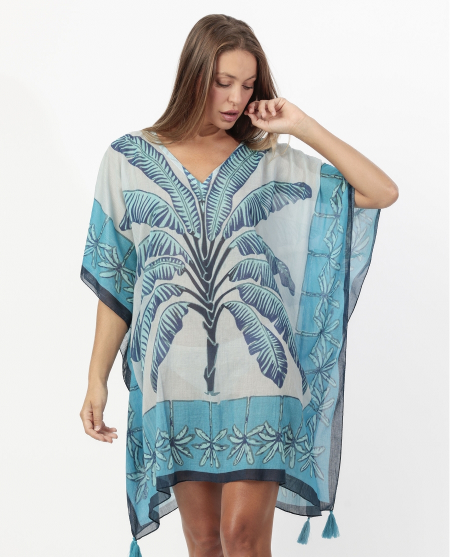 ADMAS Vestido Kaftan Manga Corta Palm Azul para Mujer AZUL