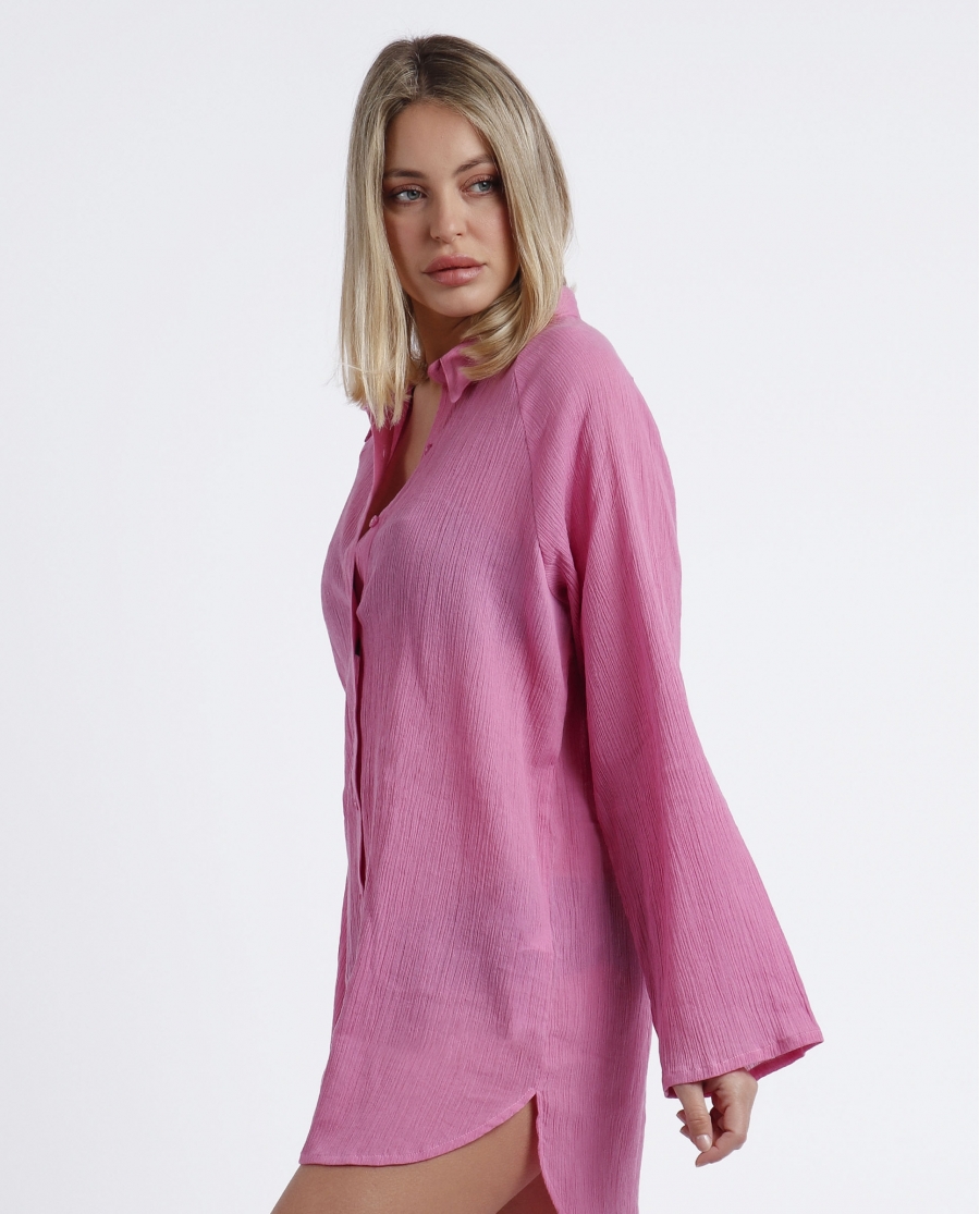 ADMAS Vestido Camisero Manga Larga Playa para Mujer FUCSIA