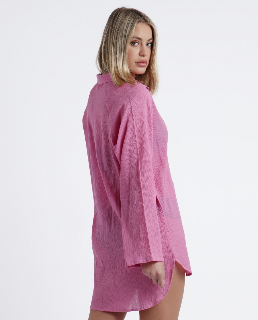 ADMAS Vestido Camisero Manga Larga Playa para Mujer FUCSIA