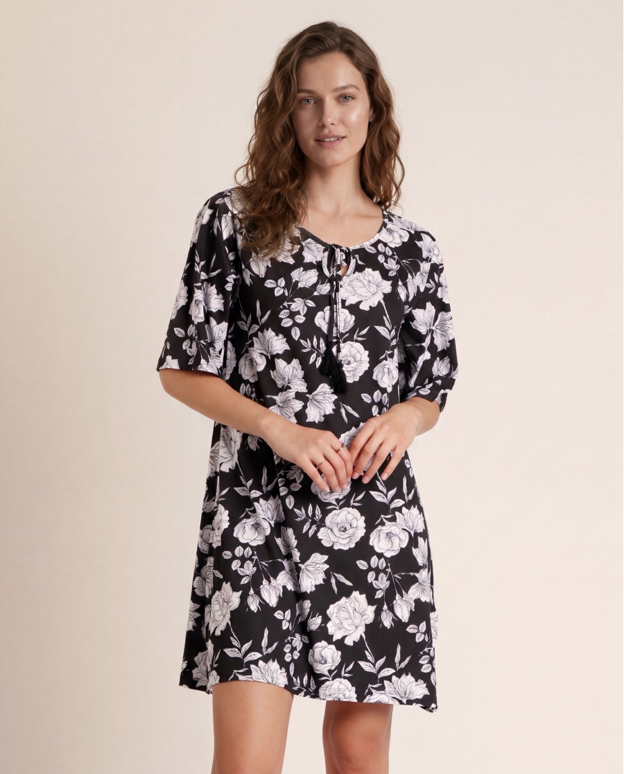ADMAS Vestido Manga Francesa Beach Flowers para Mujer NEGRO