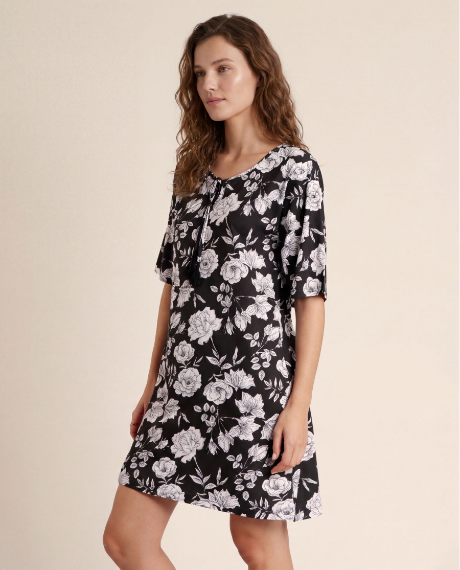ADMAS Vestido Manga Francesa Beach Flowers para Mujer NEGRO