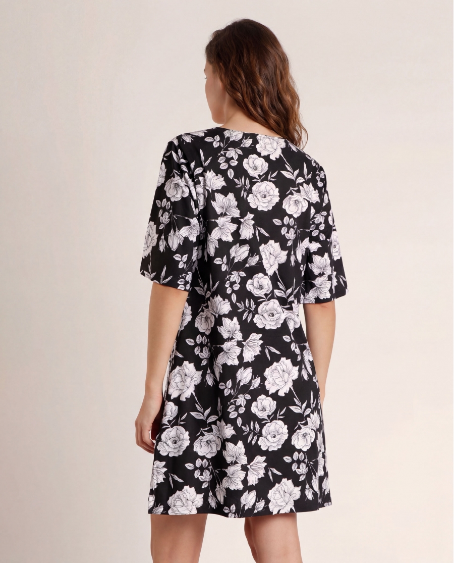 ADMAS Vestido Manga Francesa Beach Flowers para Mujer NEGRO