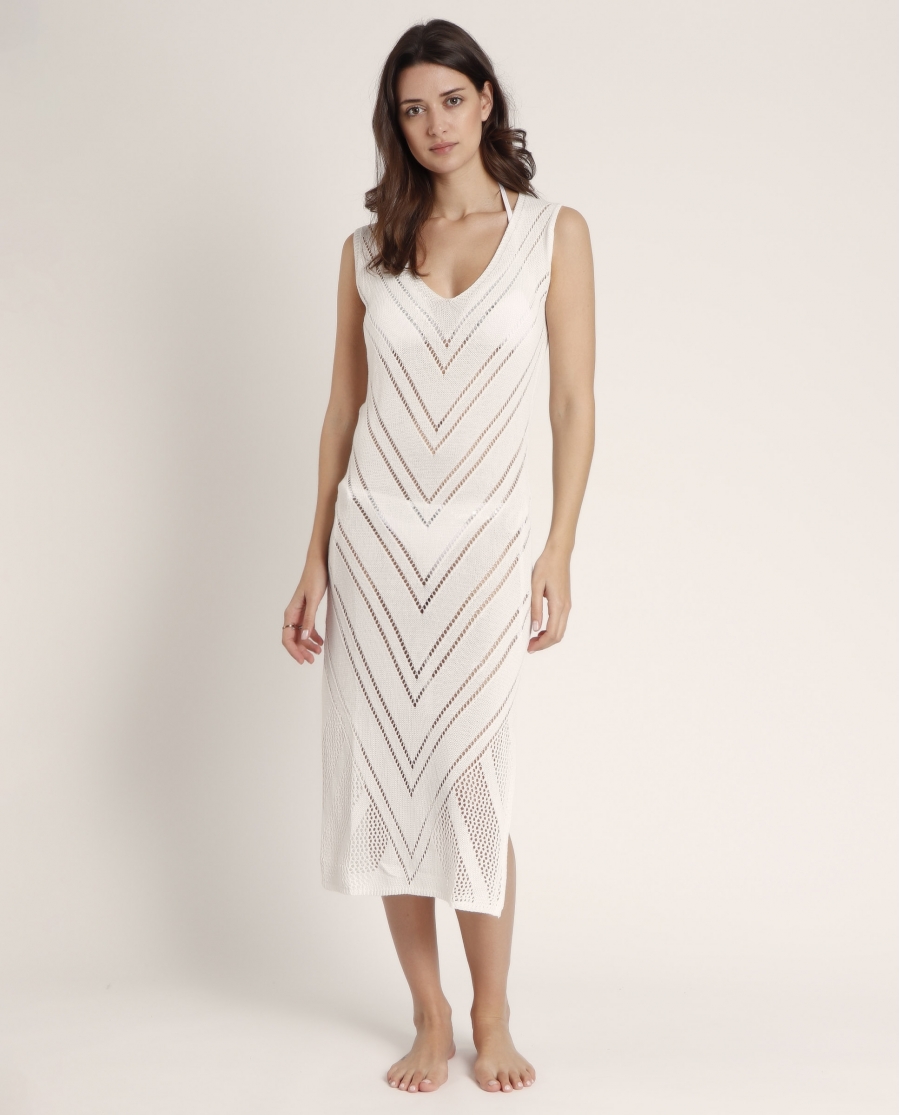 Vestido Sin Mangas Calado Combinado para Mujer CRUDO