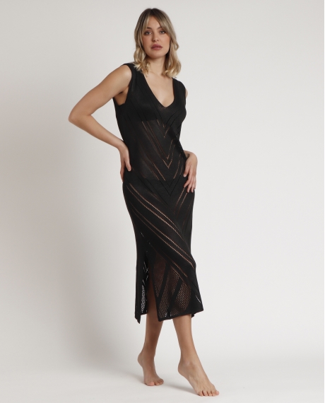 Vestido Sin Mangas Calado Combinado para Mujer NEGRO