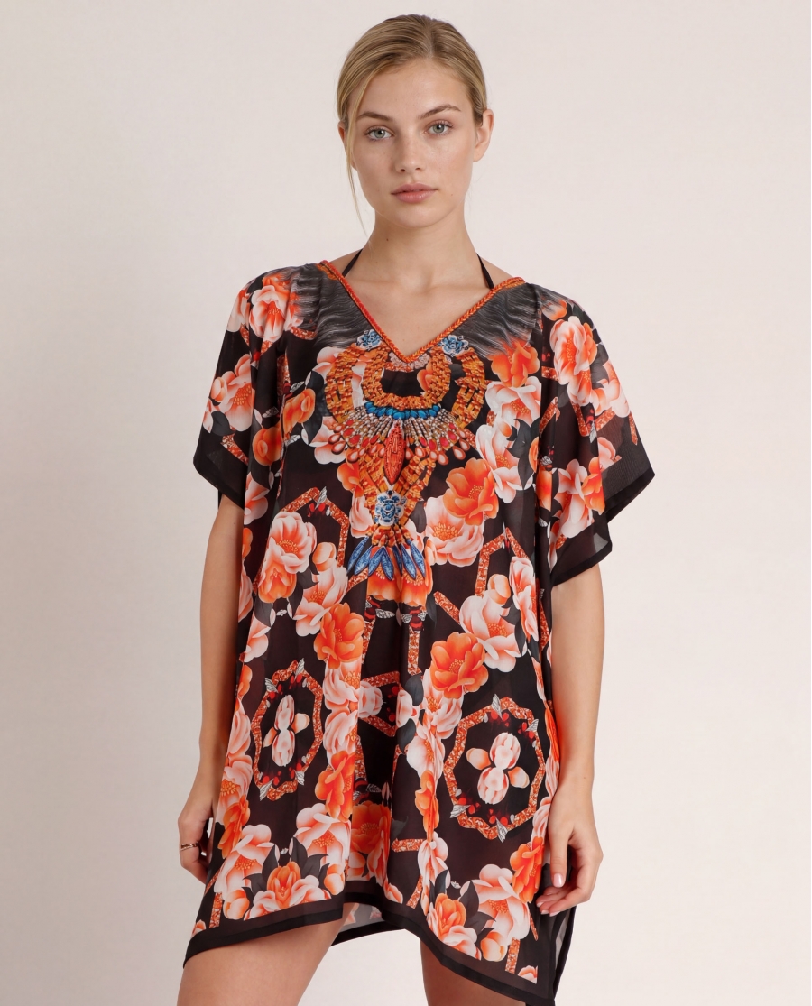 ADMAS Vestido Kaftán Flores Naranjas para Mujer MULTICOLOR