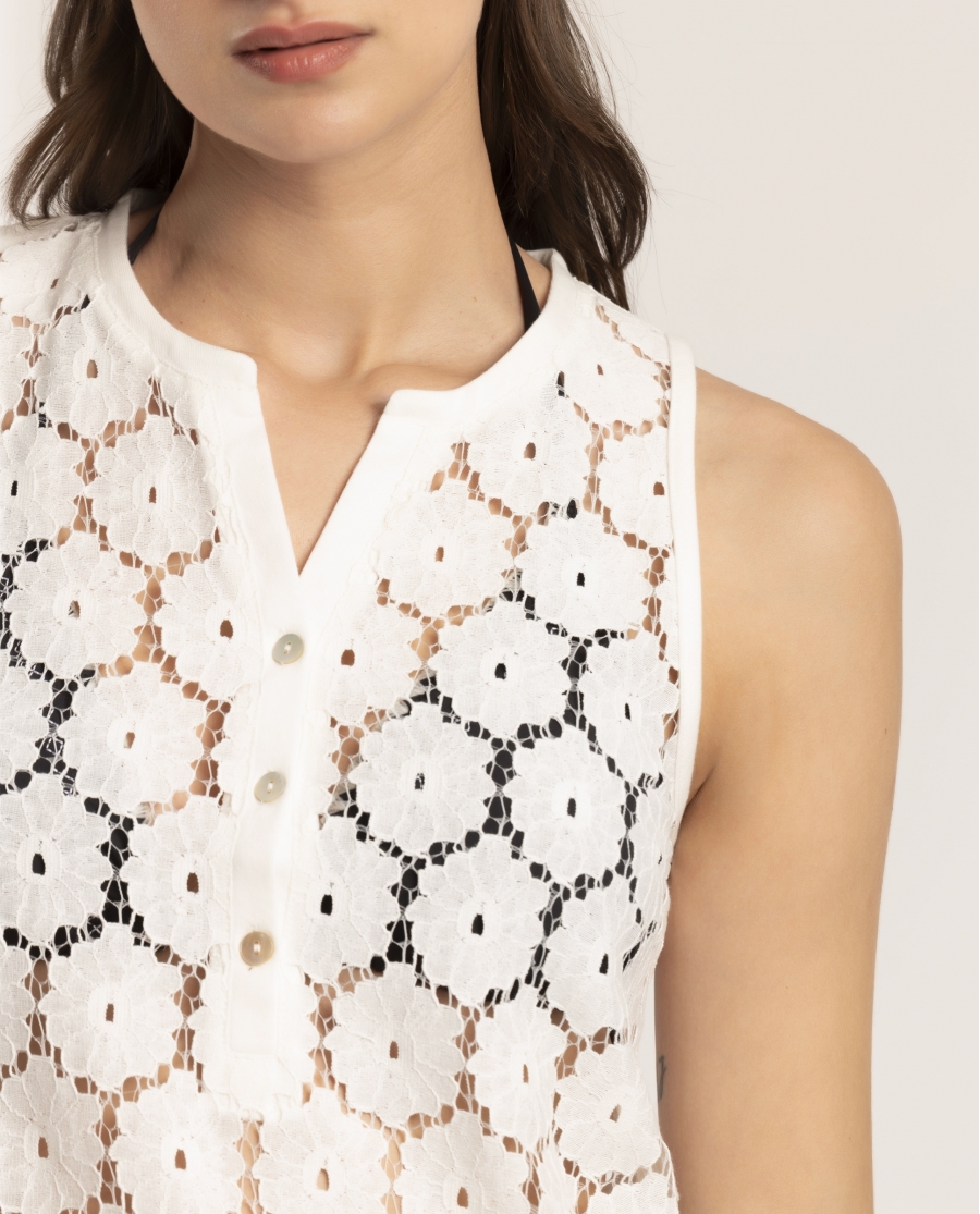 Vestido Sin Mangas Encaje Beach Flowers para Mujer BLANCO