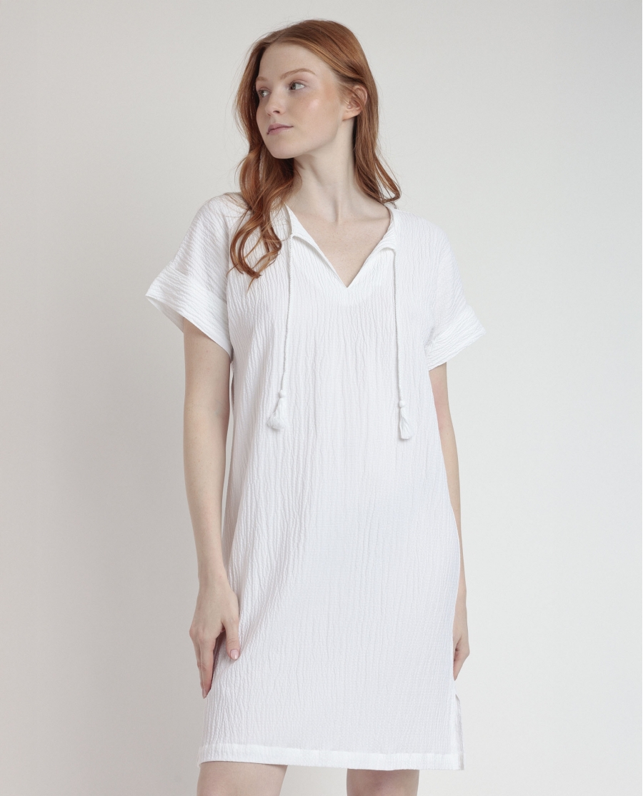 ADMAS Vestido Manga Corta Linen Style para Mujer BLANCO