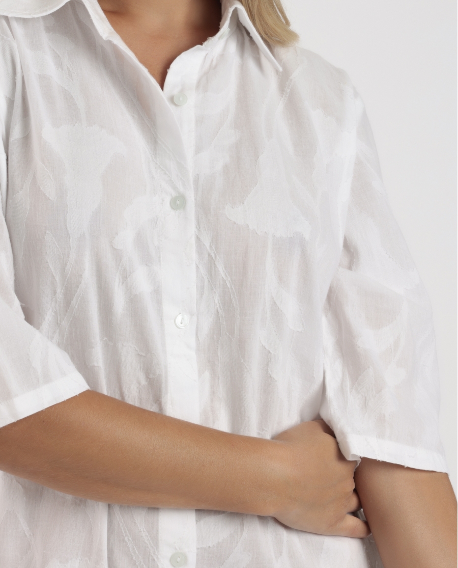 ADMAS Vestido Manga Francesa Texture Flowers para Mujer BLANCO