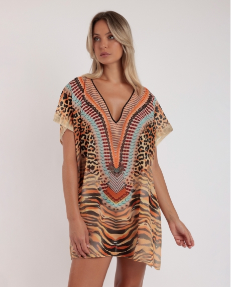ADMAS Vestido Kaftan Manga Corta Safari para Mujer PIEL
