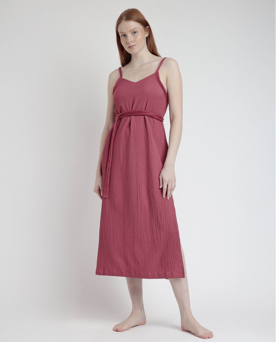 ADMAS Vestido Tirantes Linen Style para Mujer CARMÍN