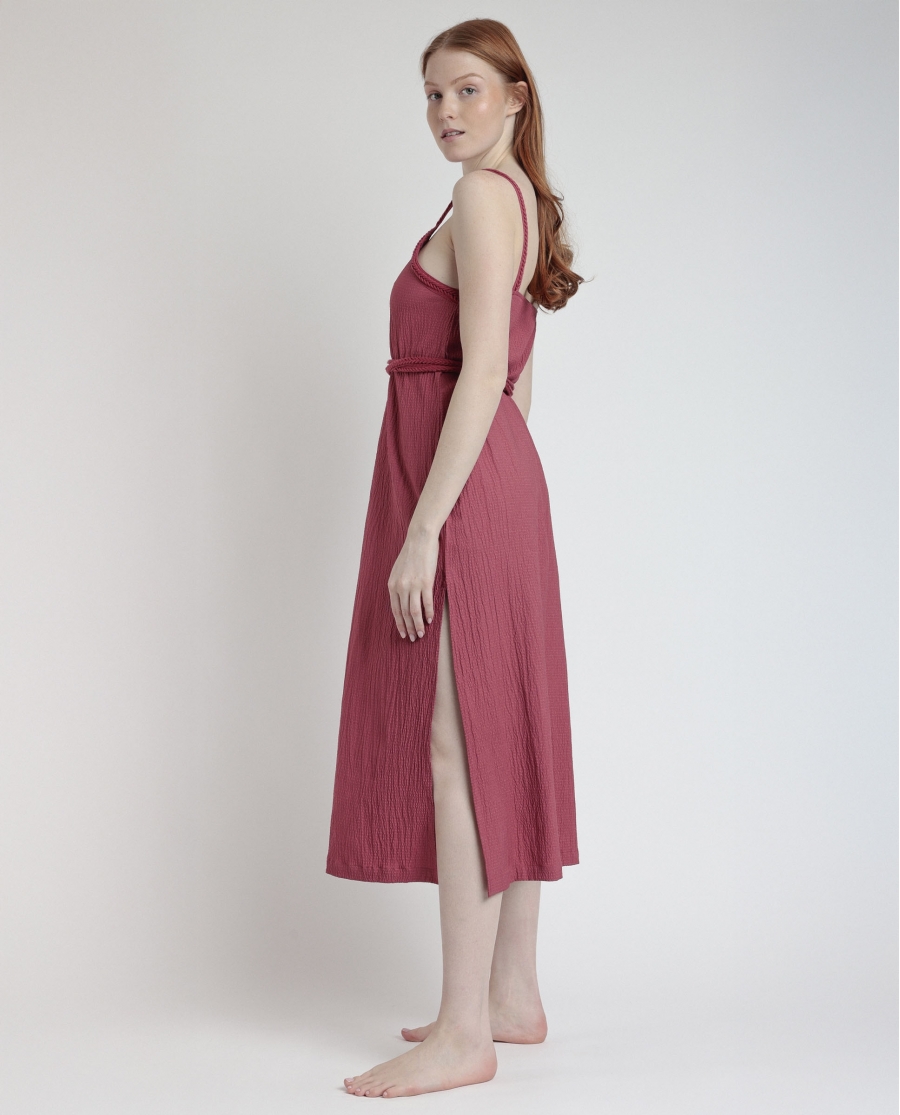 ADMAS Vestido Tirantes Linen Style para Mujer CARMÍN