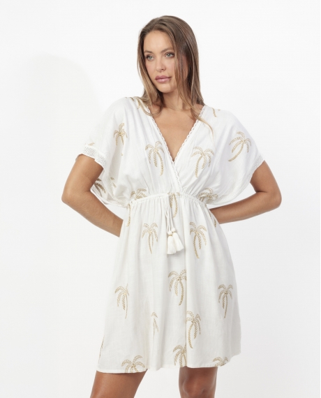 ADMAS Vestido Manga Corta Golden Palms para Mujer BLANCO