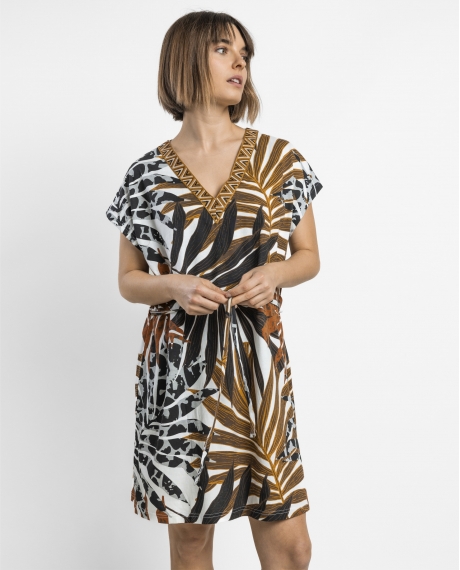ADMAS Vestido Manga Corta Ethnic Leaves para Mujer MARRON