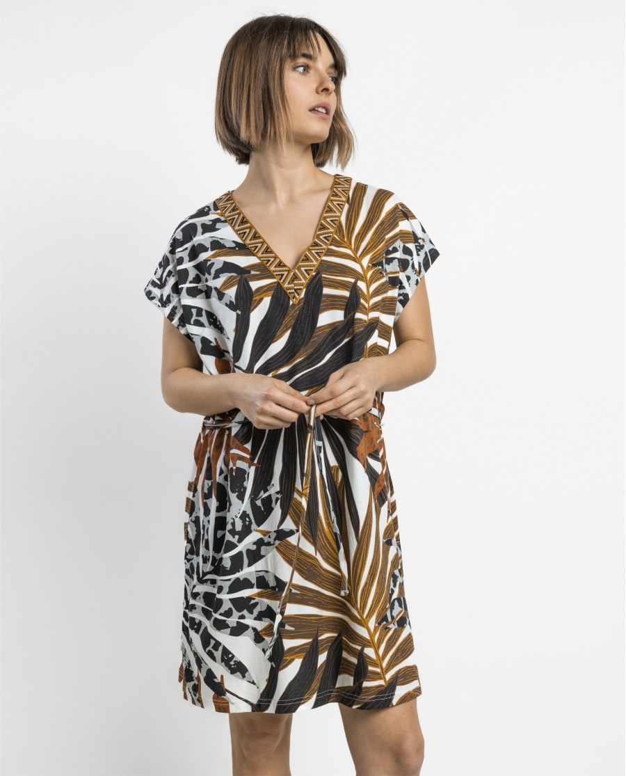 ADMAS Vestido Manga Corta Ethnic Leaves para Mujer MARRON
