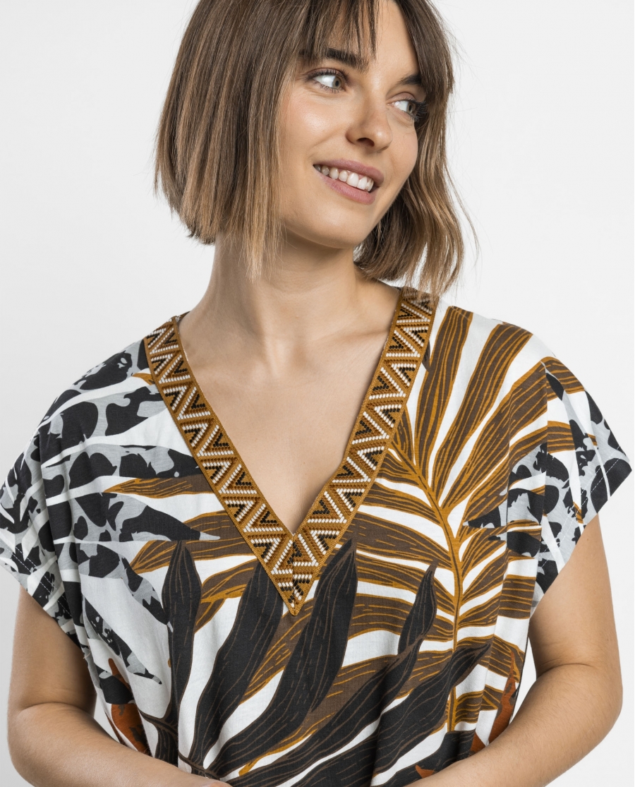 ADMAS Vestido Manga Corta Ethnic Leaves para Mujer MARRON