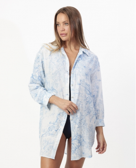 ADMAS Vestido Camisero Manga Larga Oriental para Mujer AZUL
