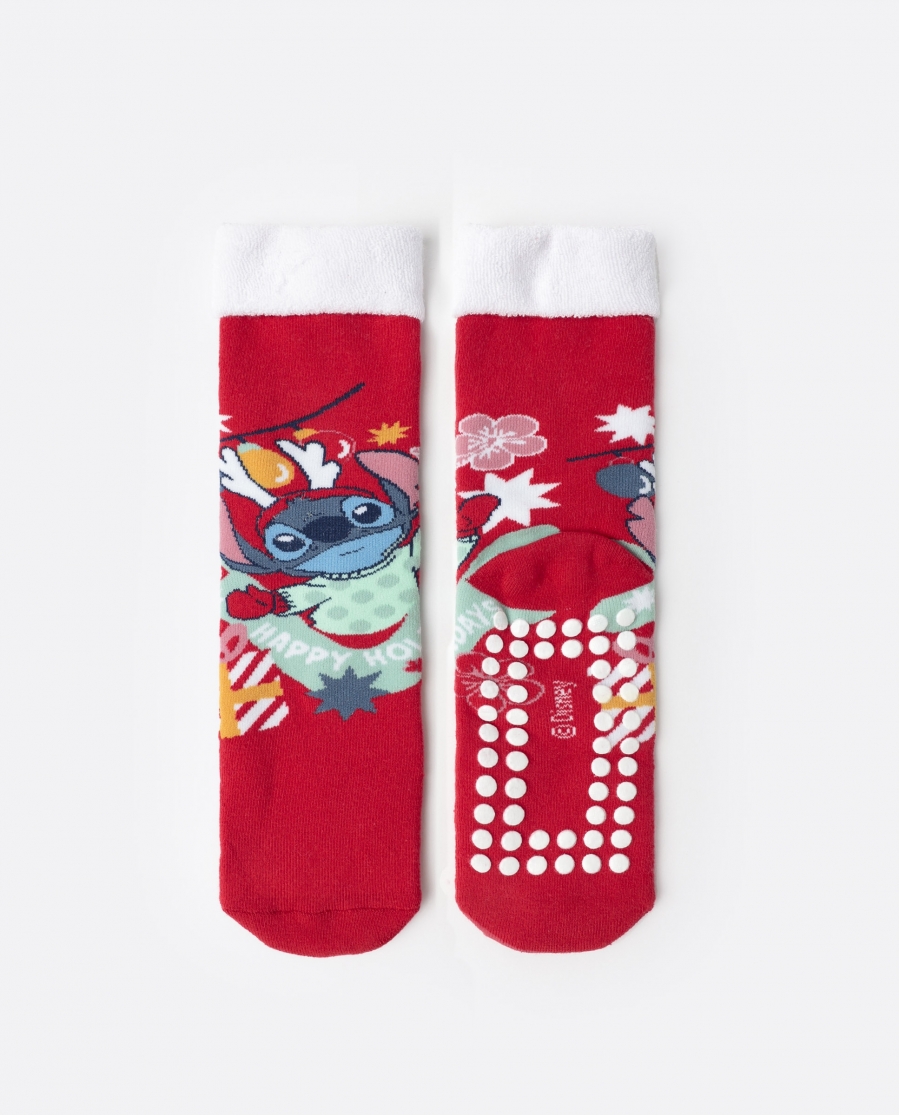DISNEY Calcetín Antideslizante Stitch Happy Holidays para Mujer, (Caja de 12 packs) ROJO