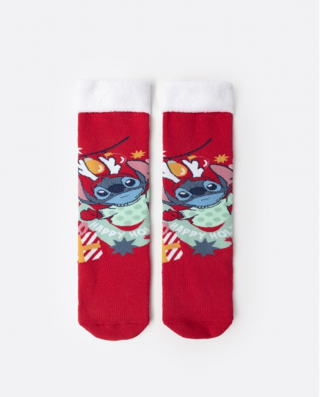 DISNEY Calcetín Antideslizante Stitch Happy Holidays para Niña, (Caja de 12 packs) ROJO