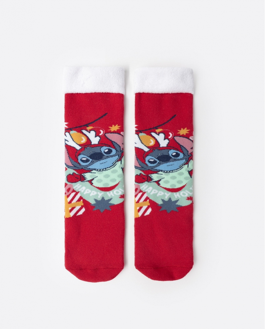 DISNEY Calcetín Antideslizante Stitch Happy Holidays para Niña, (Caja de 12 packs) ROJO