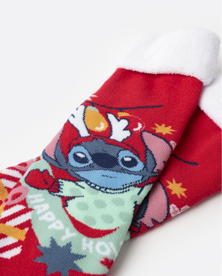 DISNEY Calcetín Antideslizante Stitch Happy Holidays para Niña, (Caja de 12 packs) ROJO