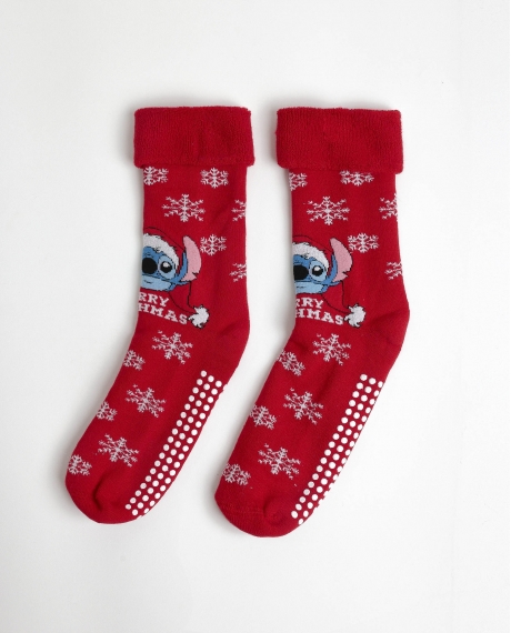DISNEY Calcetín Antideslizante Stitchmas para Mujer ROJO