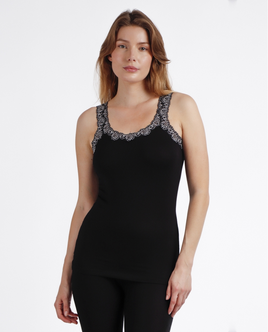 ADMAS Camiseta Navidad Sin Mangas Escote Puntilla Bicolor para Mujer NEGRO