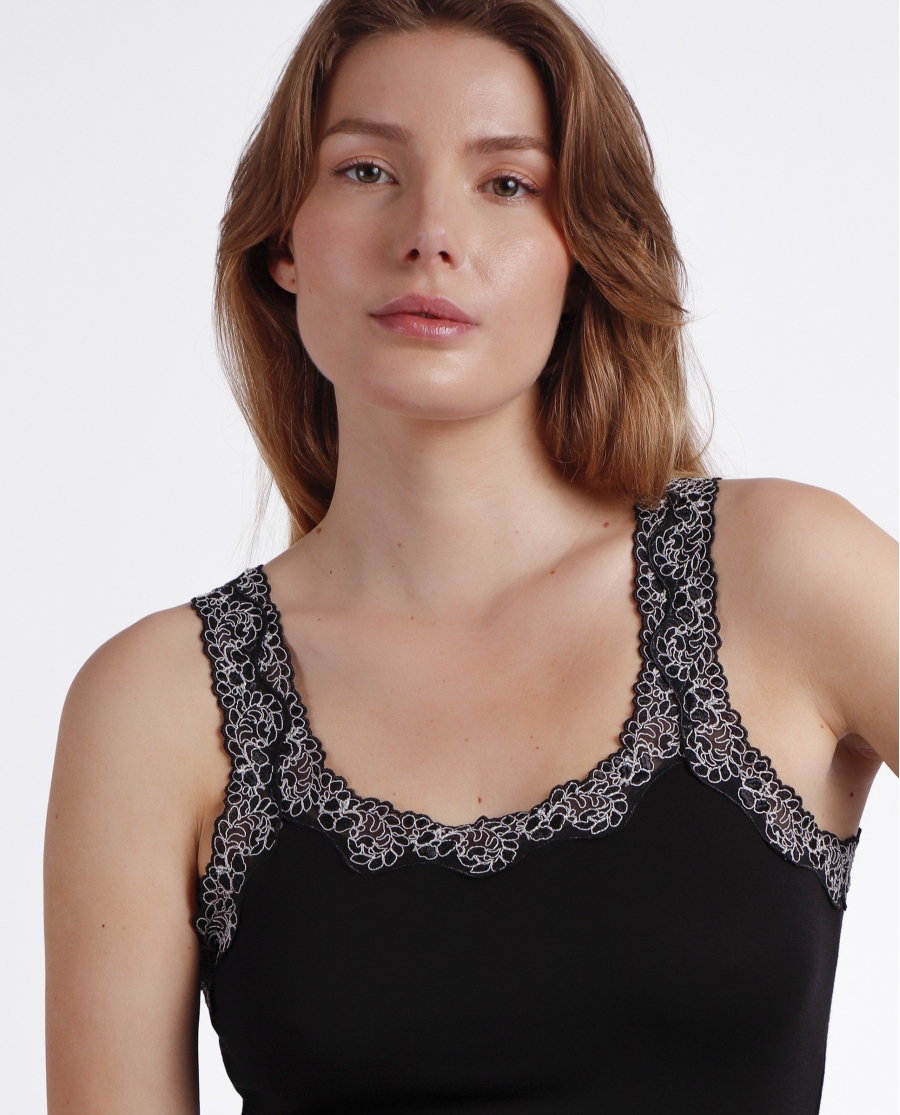 ADMAS Camiseta Navidad Sin Mangas Escote Puntilla Bicolor para Mujer NEGRO