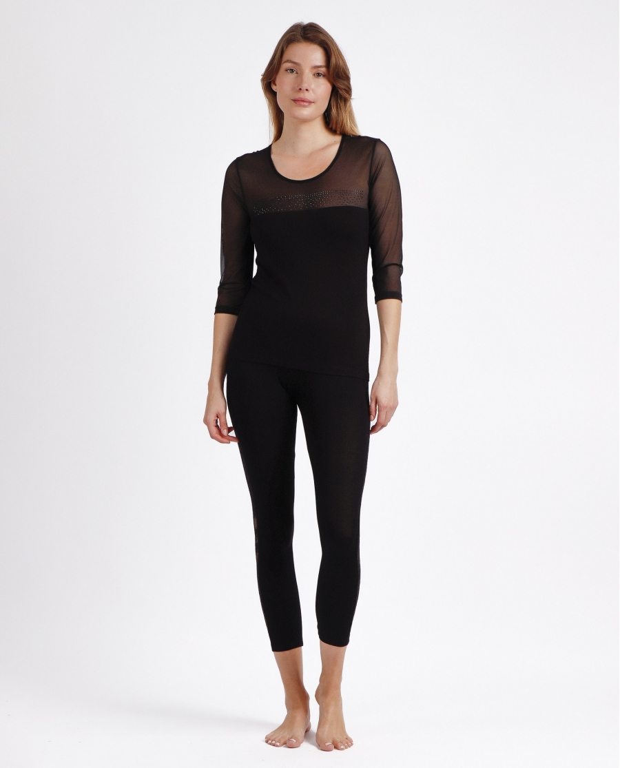 ADMAS Camiseta Manga Francesa Tul y Piedras para Mujer NEGRO