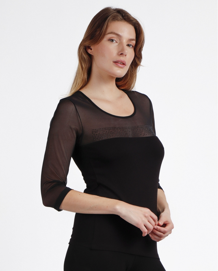 ADMAS Camiseta Manga Francesa Tul y Piedras para Mujer NEGRO