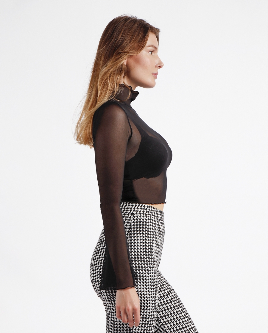 ADMAS Camiseta Manga Larga Cuello Alto Tul para Mujer NEGRO