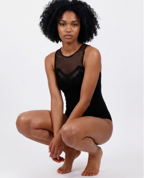 ADMAS Camiseta Blonda Sin Mangas Escote Tul para Mujer NEGRO