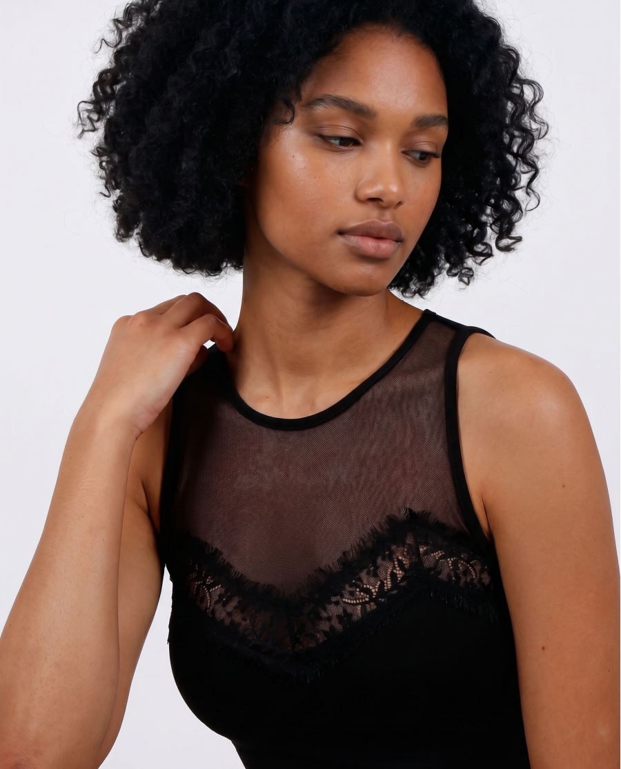 ADMAS Camiseta Blonda Sin Mangas Escote Tul para Mujer NEGRO