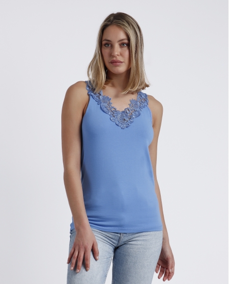 ADMAS Camiseta Sin Mangas Escote Guipur para Mujer AZULON