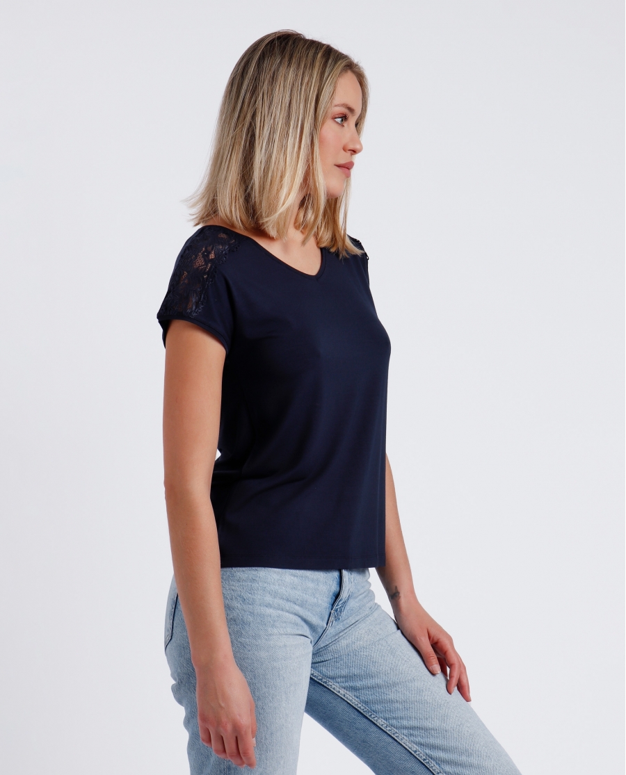 ADMAS Camiseta Manga Corta Puntilla Hombro para Mujer MARINO