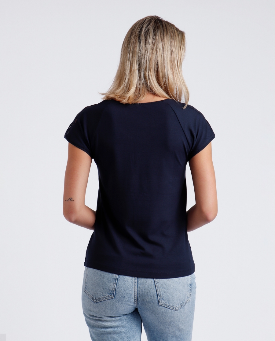 ADMAS Camiseta Manga Corta Puntilla Hombro para Mujer MARINO