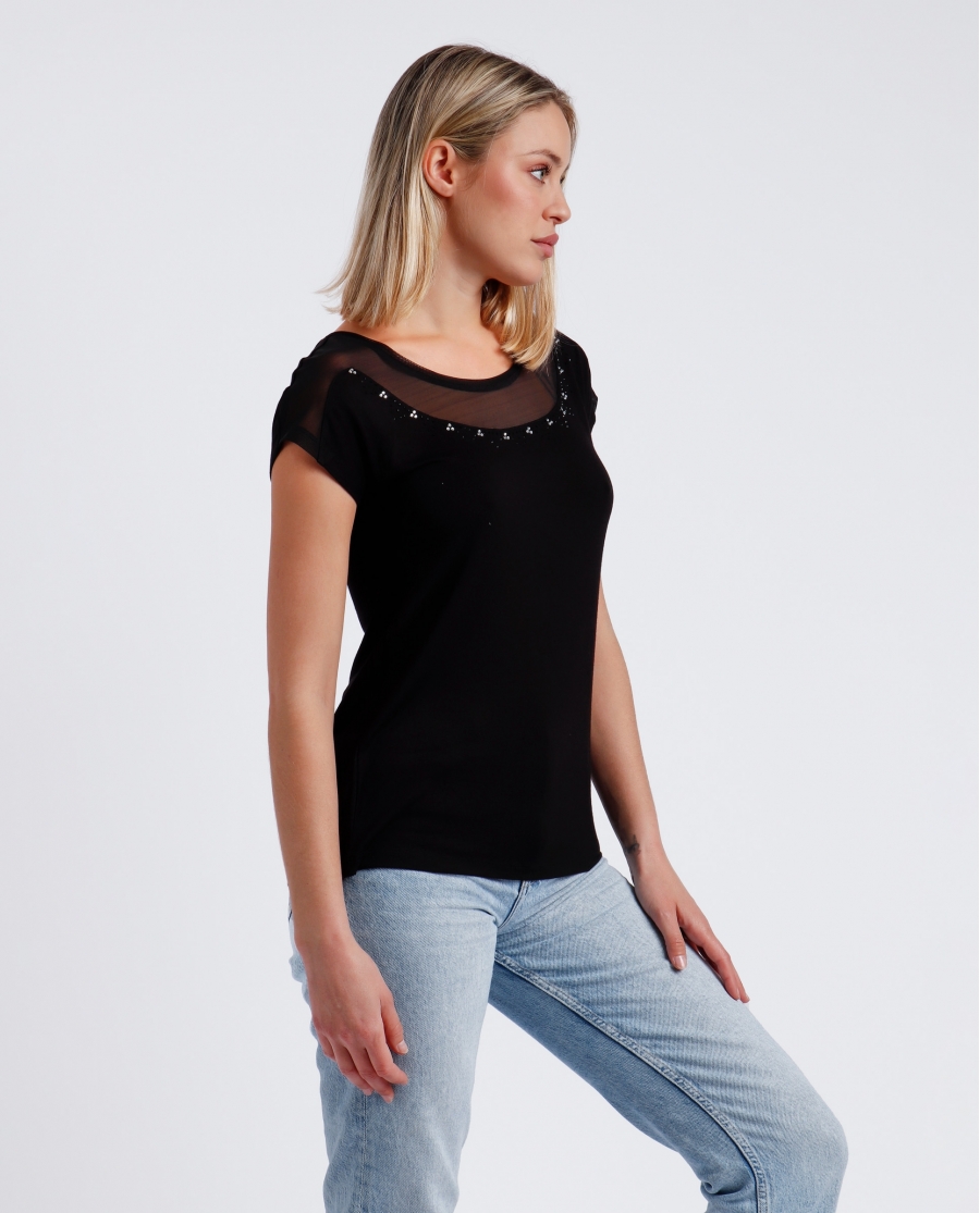 ADMAS Camiseta Manga Corta Brillo para Mujer NEGRO