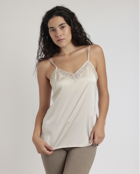 ADMAS Camiseta Tirante Puntilla Escote para Mujer CAVA