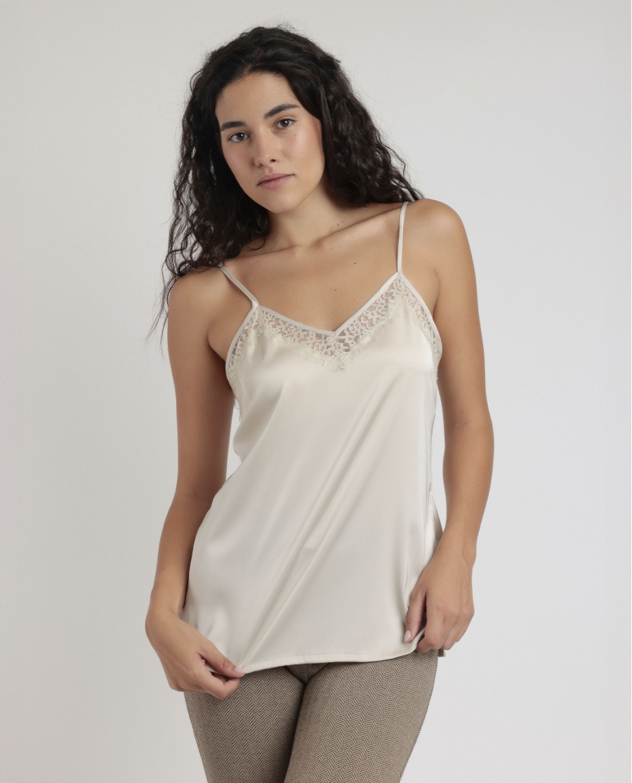 ADMAS Camiseta Tirante Puntilla Escote para Mujer CAVA