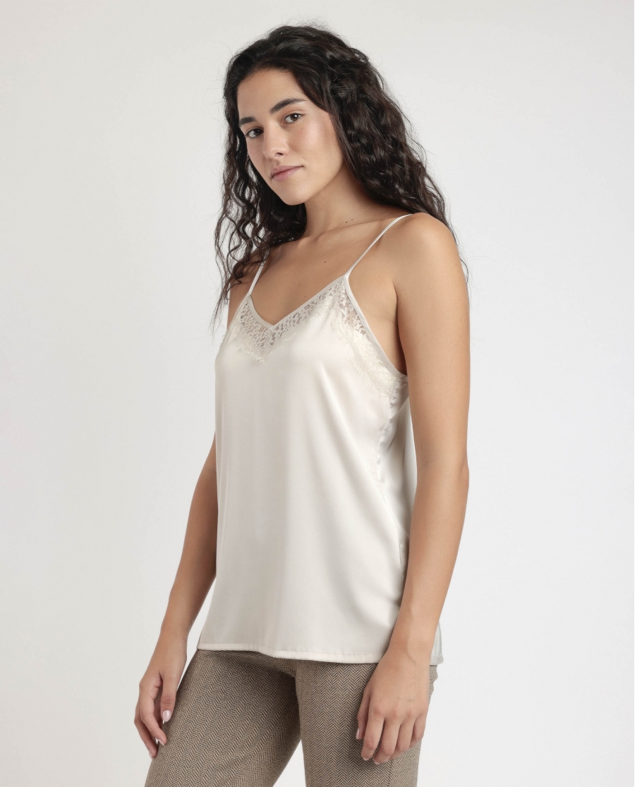 ADMAS Camiseta Tirante Puntilla Escote para Mujer CAVA