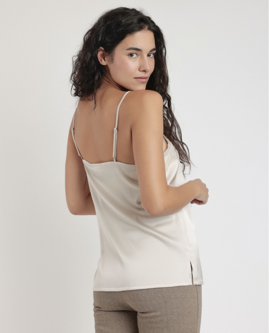 ADMAS Camiseta Tirante Puntilla Escote para Mujer CAVA