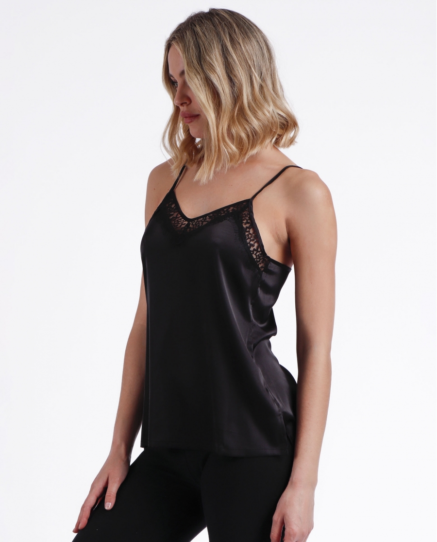 ADMAS Camiseta Tirante Puntilla Escote para Mujer NEGRO