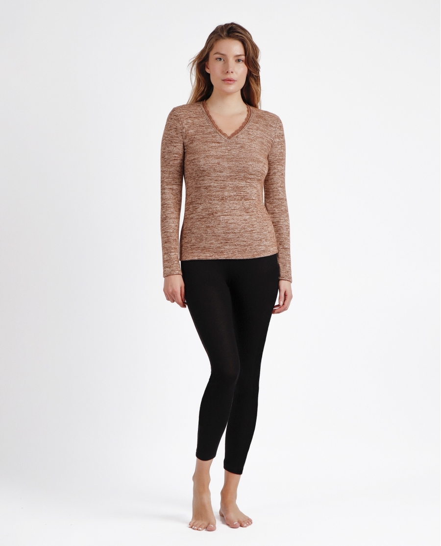 ADMAS Camiseta Manga Larga Calentita Puntilla para Mujer BEIGE