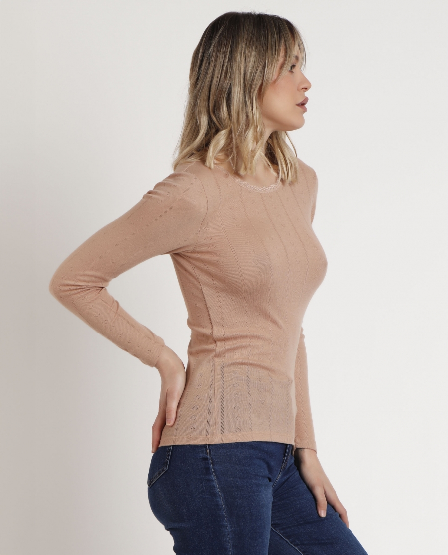 ADMAS Camiseta Manga Larga Canalé para Mujer BEIGE