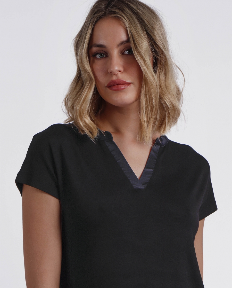 ADMAS Camiseta Manga Corta Tapeta Raso para Mujer NEGRO